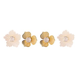 Kit 2 brincos Mariana Amaral flores zircônia ouro semijoia
