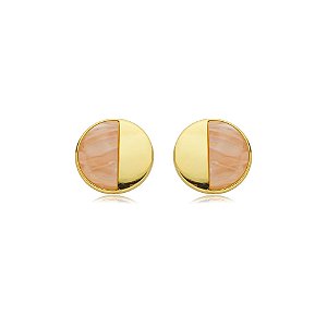 Brinco Mariana Amaral redondo resina rosa marble ouro semijoia
