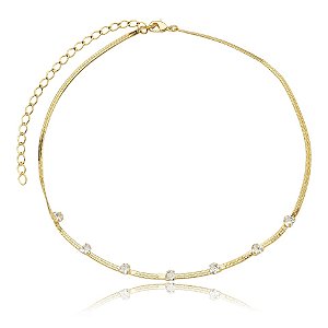 Colar choker corrente fita zircônia coração ouro semijoia 6817305