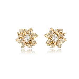 Brinco flor zircônia ouro semijoia