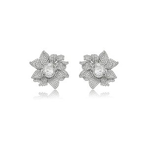 Brinco flor zircônia ródio semijoia