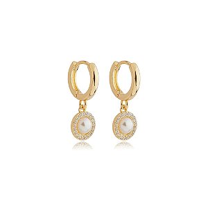 Brinco argolinha penduricalho pérola zircônia ouro semijoia 25a01012