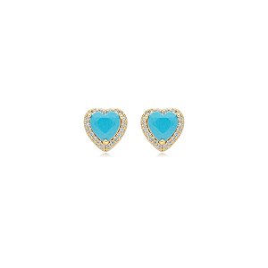 Brinco coração turquesa zircônia ouro semijoia 25a01068