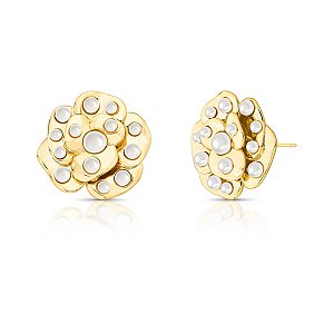 Brinco flor pérola shell ouro semijoia