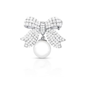 Broche laço pérola shell zircônia ródio semijoia