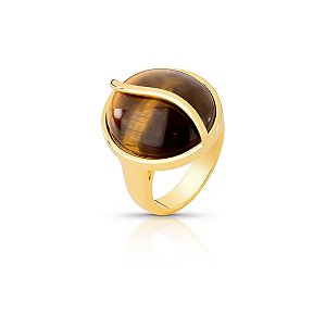 Anel oval pedra natural olho de tigre ouro semijoia