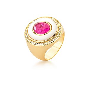 Anel oval madrepérola cristal rosa ouro semijoia