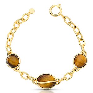 Pulseira pedra natural olho de tigre ouro semijoia