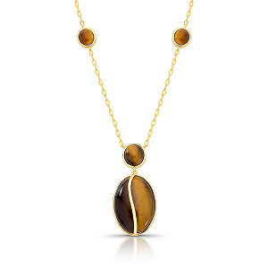 Colar oval pedra natural olho de tigre ouro semijoia