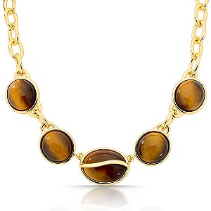 Colar oval pedra natural olho de tigre ouro semijoia
