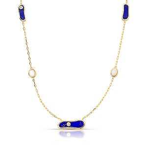 Colar longo cristal lápis lazuli madrepérola ouro semijoia