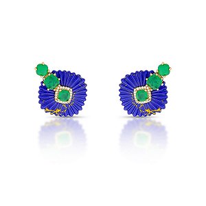 Brinco ear cuff flor cristal lápis lazuli ouro semijoia