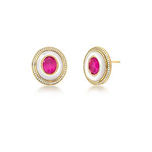 Brinco oval madrepérola cristal rosa ouro semijoia