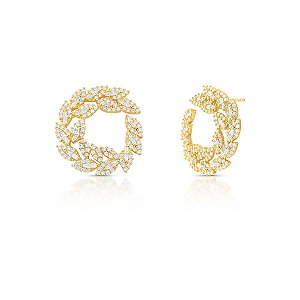 Brinco curvo folhas zircônia ouro semijoia
