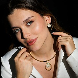 Colar e brinco gota madrepérola mosaico ouro semijoia
