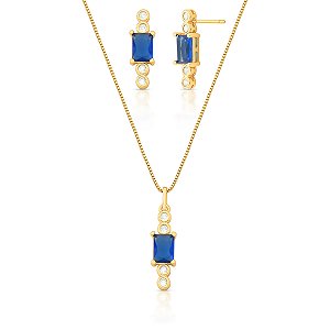 Colar e brinco cristal azul ouro semijoia