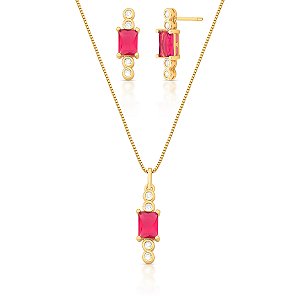 Colar e brinco cristal rosa ouro semijoia