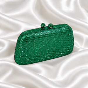 Bolsa Clutch de Festa Verde com Strass e Alça de Corrente