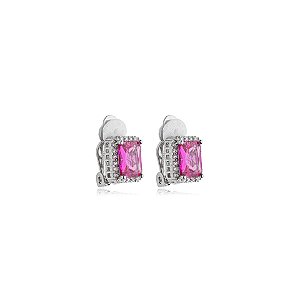 Brinco pressão retangular cristal pink ródio semijoia