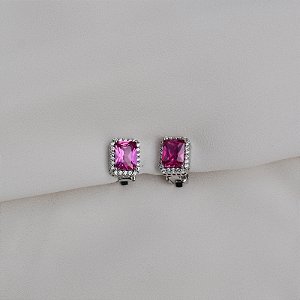 Brinco pressão retangular cristal pink ródio semijoia