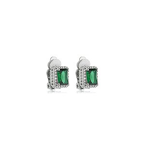 Brinco pressão retangular cristal esmeralda ródio semijoia