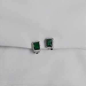 Brinco pressão retangular cristal esmeralda ródio semijoia