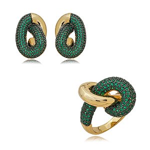 Conjunto brinco e anel elos zircônia verde ouro semijoia