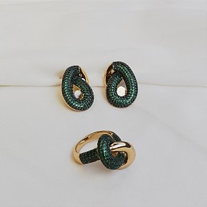 Conjunto brinco e anel elos zircônia verde ouro semijoia