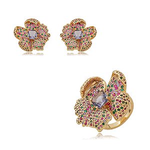 Conjunto brinco e anel flor zircônia colorida ouro semijoia
