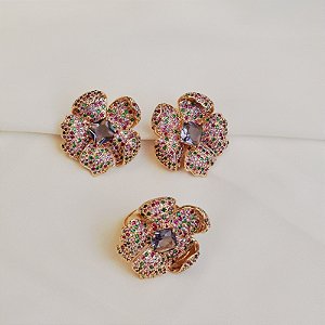 Conjunto brinco e anel flor zircônia colorida ouro semijoia