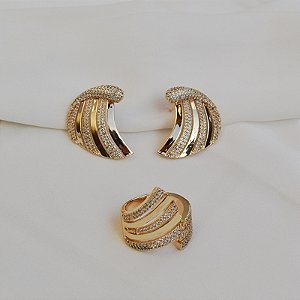 Conjunto brinco e anel zircônia ouro semijoia