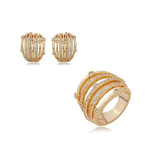 Conjunto brinco e anel zircônia ouro semijoia