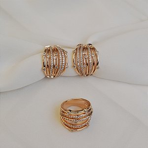 Conjunto brinco e anel zircônia ouro semijoia