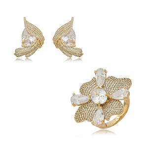 Conjunto brinco e anel flor zircônia ouro semijoia