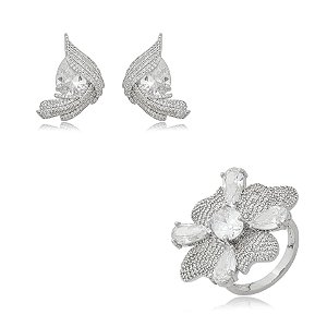 Conjunto brinco e anel flor zircônia ródio semijoia