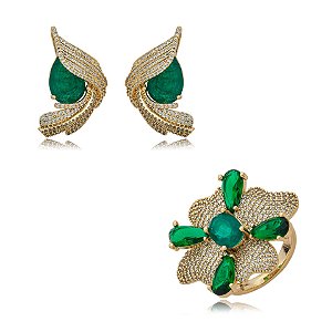 Conjunto brinco e anel flor zircônia verde ouro semijoia