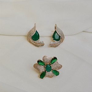 Conjunto brinco e anel flor zircônia verde ouro semijoia