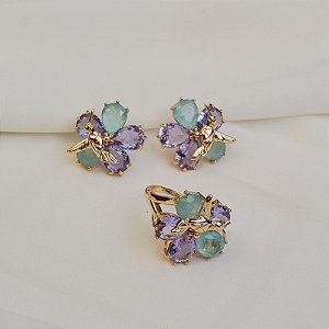 Conjunto brinco e anel beija-flor cristais lilás e azul ouro semijoia