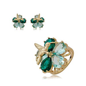 Conjunto brinco e anel beija-flor cristais verde e azul ouro semijoia