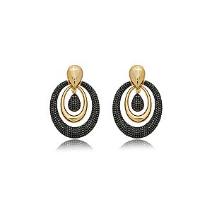 Brinco oval zircônia preta ouro semijoia