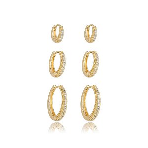 Kit 3 brincos argolinhas zircônia ouro semijoia 25k02013
