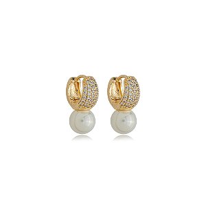 Brinco argolinha pérola zircônia ouro semijoia 18k03003