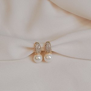 Brinco argolinha pérola zircônia ouro semijoia 18k03003