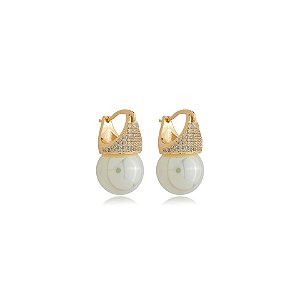 Brinco argolinha Lady Di pérola zircônia ouro semijoia 24k08028