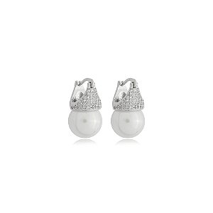 Brinco argolinha Lady Di pérola zircônia ródio semijoia 24k08028