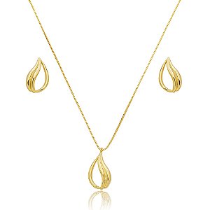 Colar e brinco gota curvada ouro semijoia