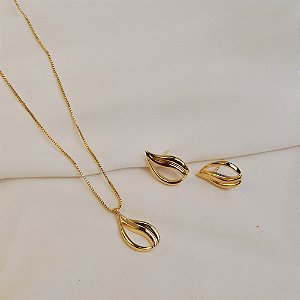 Colar e brinco gota curvada ouro semijoia