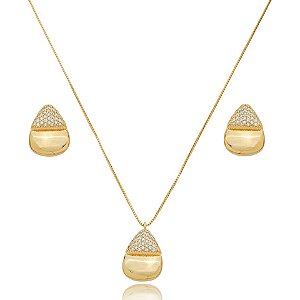 Colar e brinco gota curvada zircônia ouro semijoia