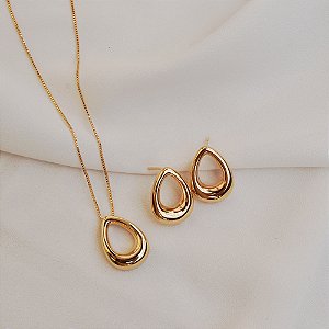 Colar e brinco gota vazada ouro semijoia