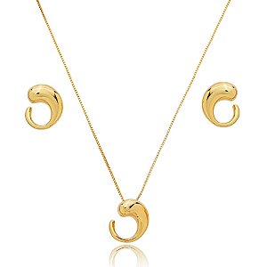 Colar e brinco curvado ouro semijoia